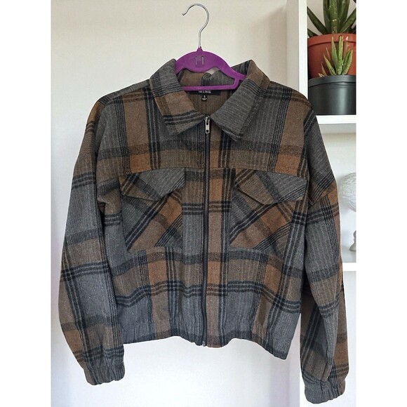 Plaid Zip-Up Cropped Bomber Jacket Size Small | Fall Shacket Aesthetic - Picture 3 of 16